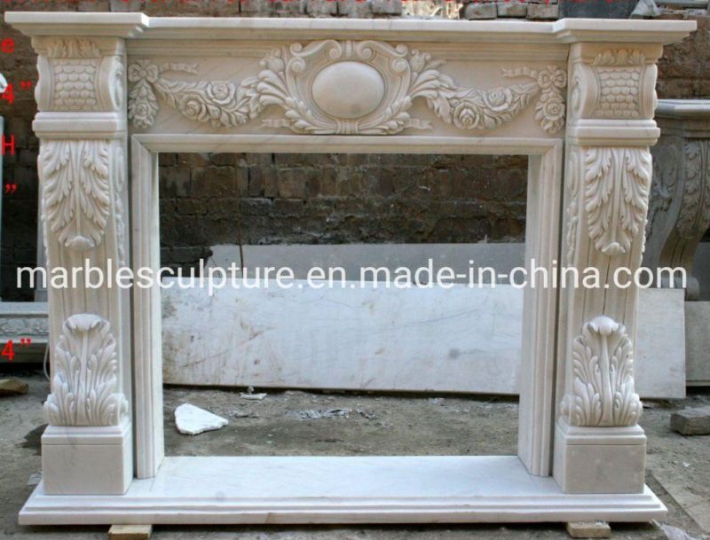 Beautiful White Stone M Antel Marble Fireplace Carved Flowers (SYMF-094)