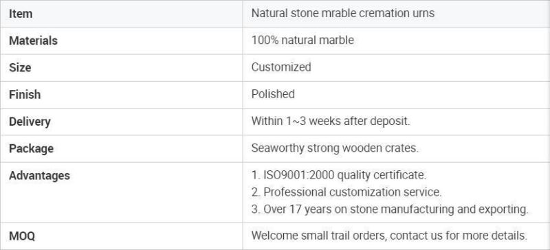 Natural Stone Marble Cremation Urn Polished High Quality for Funeral Cemetery