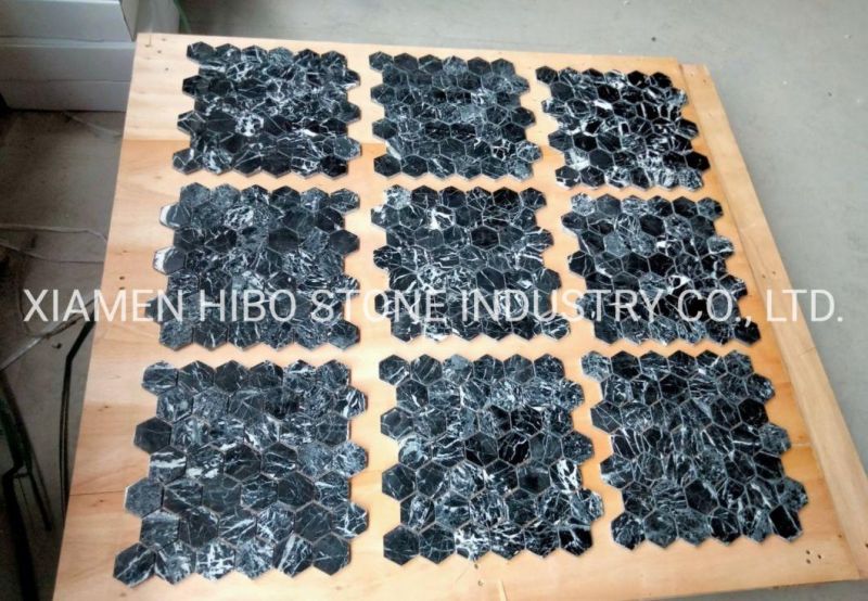 Nero Marquina China Black White Vein Marble Natural Stone Hexagon Mosaic for Kitchen Backsplash Wall Tile