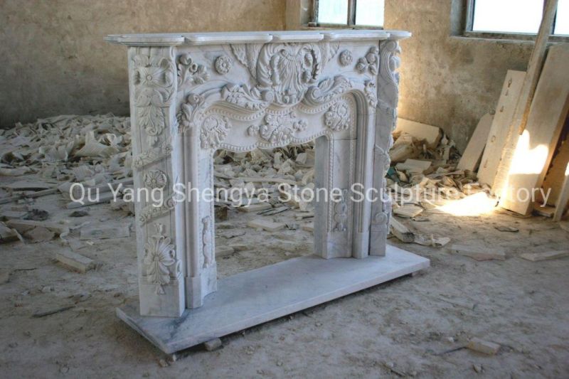 Beautiful Pure White Luxury Marble Fireplace Surround Flowers (SY-MF323)