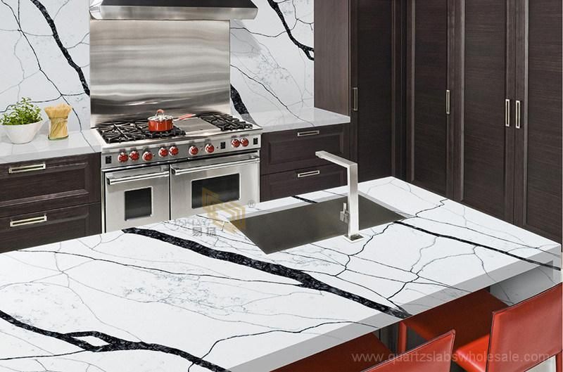 Wholesale Polished Calacatta White Quartz Slab with Black Veins for Kitchen Island/Backsplash/Countertops