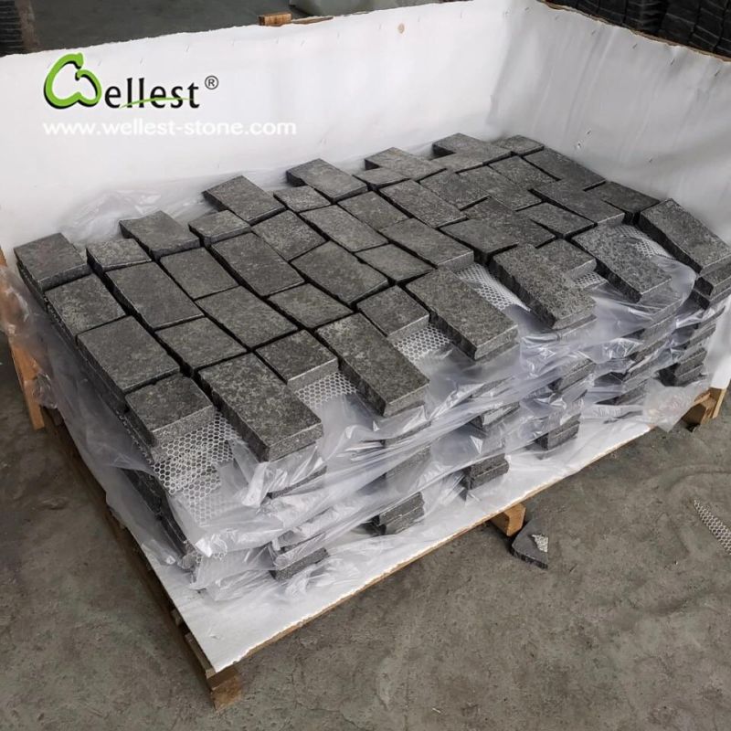 Interlocking Flamed Finish G684 Black Cobblestone on Mesh for Driveway Walkway Pavement
