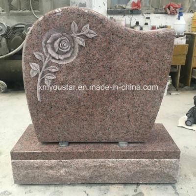 Caving Flowers Red Granite Headstone Memorial Products for Cemetery