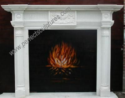 Carved White Stone Marble Fireplace Surround with Column Pillar (QY-LE084)