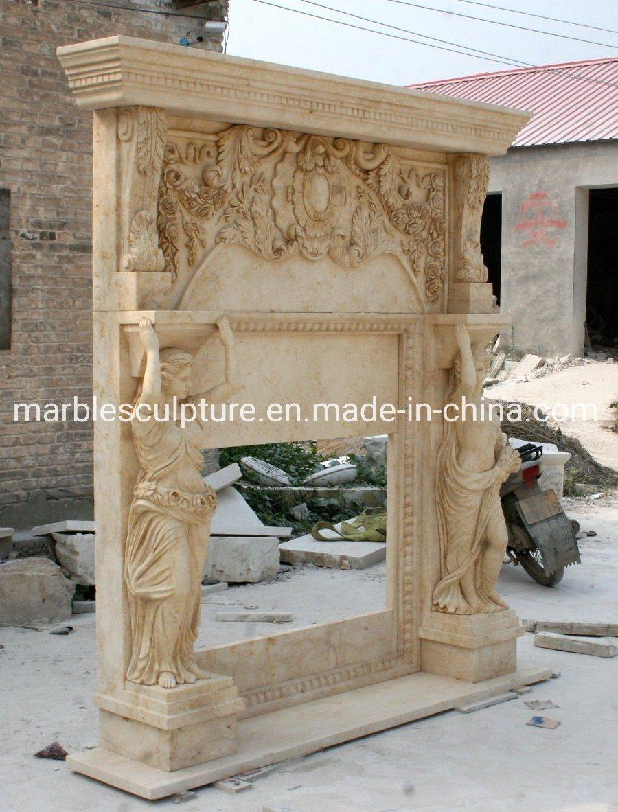 Beautiful Beige Double Marble Fireplace Surround Lady Figures (SYMF-107)