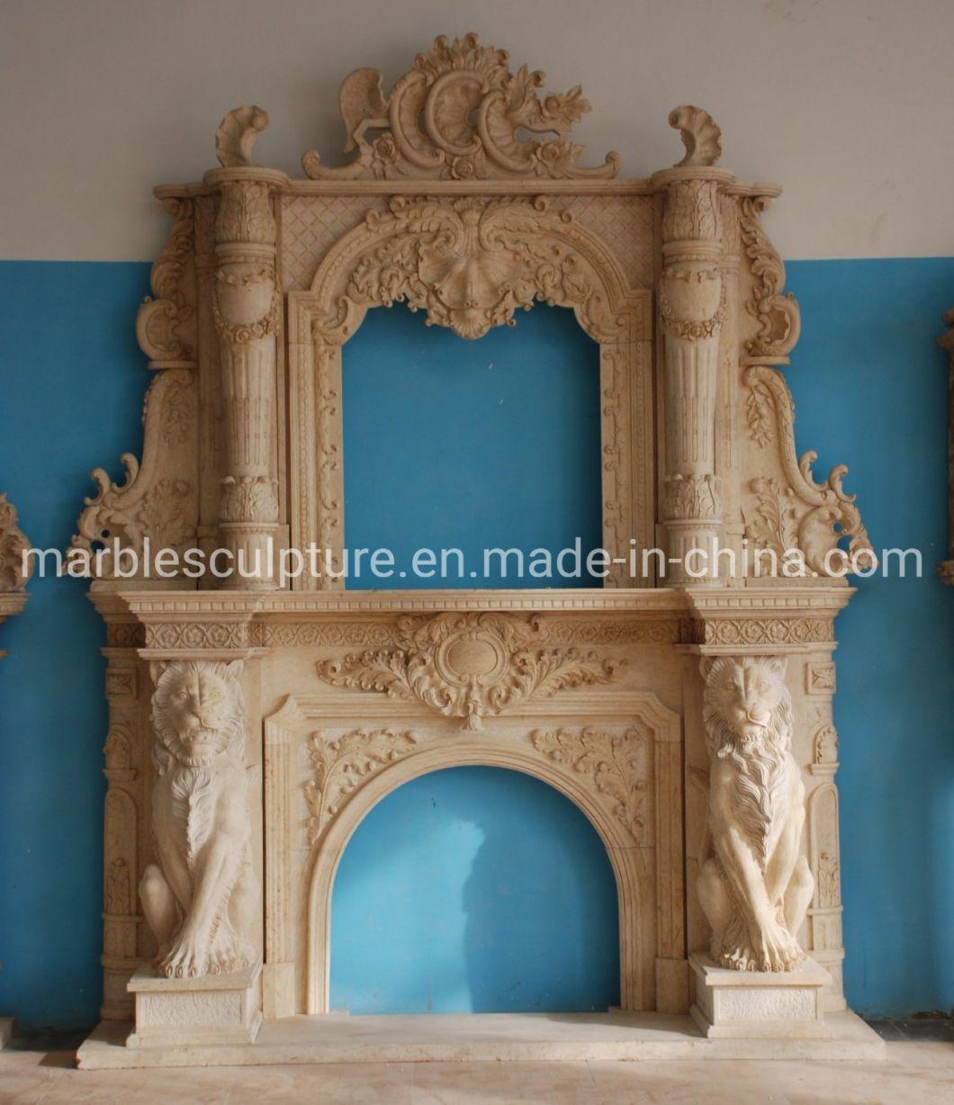 Yellow Double Marble Fireplace Mantel Carved Statues in Stock (SYMF-303)