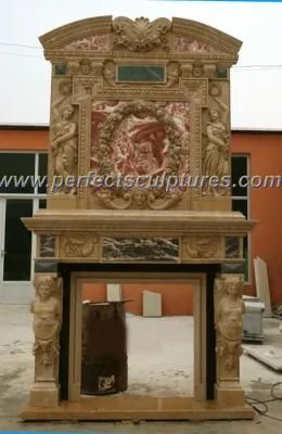 Luxury Large Carving Stone Marble Fireplace with Double Mantel (QY-LS195)