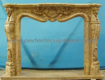 Hand Carved Yellow Beige Stone Marble Fireplace for Indoor Decorative (QY-LF009)