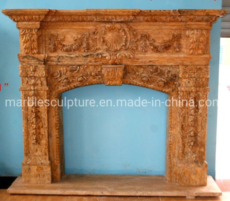 High Quality Hand Carved Stone Fireplace Surround with Flowers (SYMF-242)