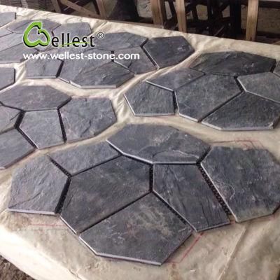 St-018 Black Slate Crazy Shape Meshed Paving Stone for Landscaping