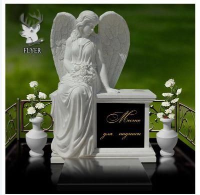 Cemetery Memorial Angel Statue Hand Carving Sitting White Marble Angel Headstone Monument