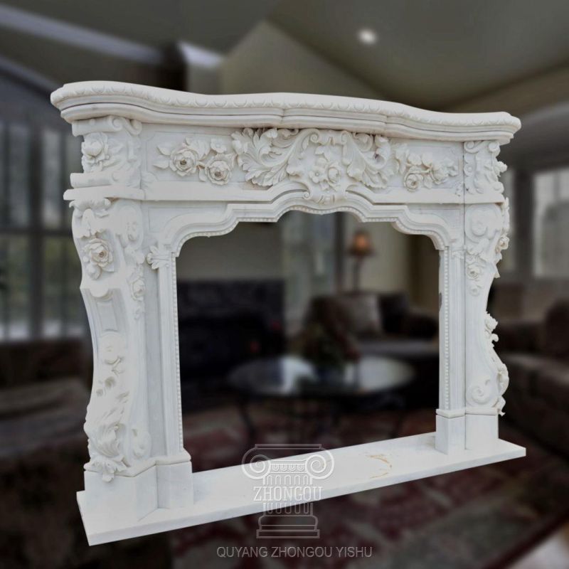 New Design Tree White Marble Fireplace Stone Carved Mantel