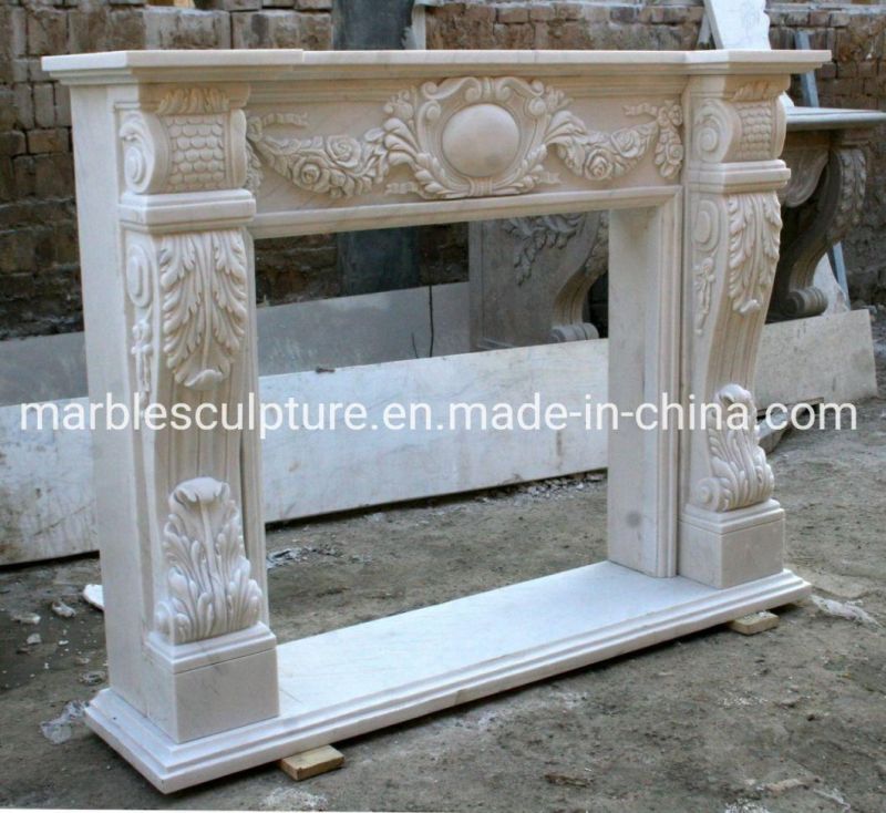 Beautiful White Stone M Antel Marble Fireplace Carved Flowers (SYMF-094)