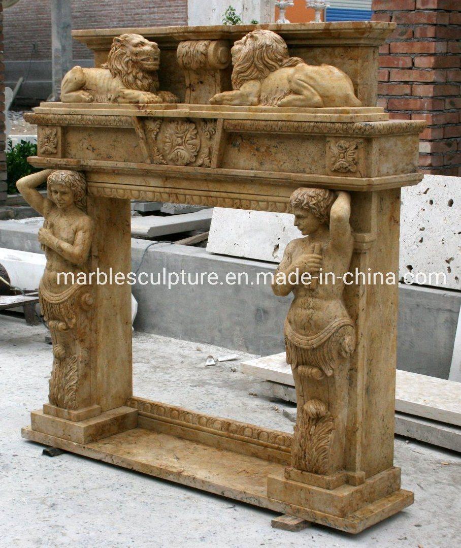 Classic Figure Sculpture Lion Statues Marble Fireplace (SYMF-038)