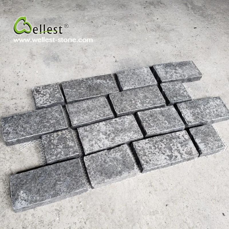 Interlocking Flamed Finish G684 Black Cobblestone on Mesh for Driveway Walkway Pavement