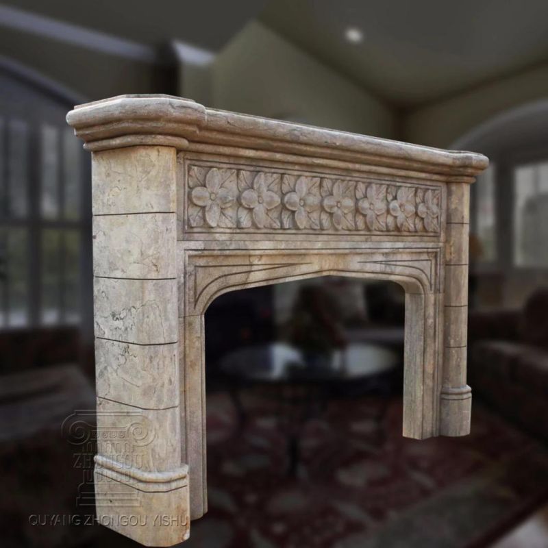 Antique Treated Marble Fireplace in Fine Hand-Carved Floral Design and Good Quality