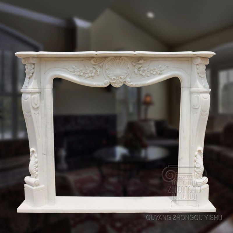 French Style White Marble Fireplace with Good Hand-Carved Quality, Competitive Price