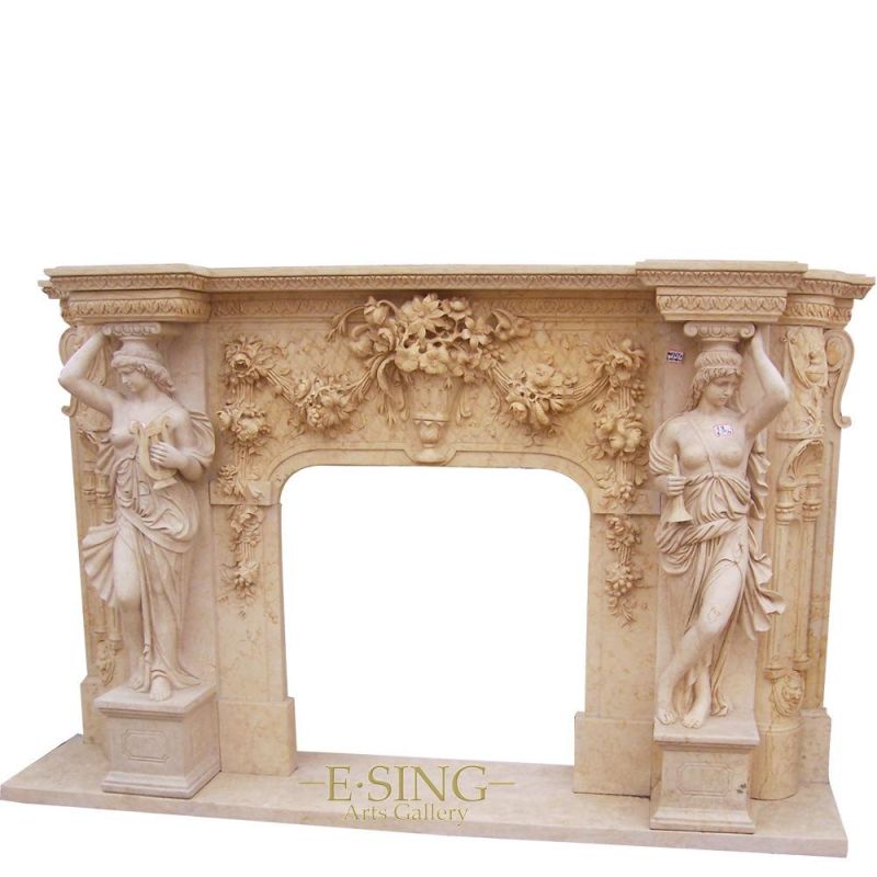 New Design Decorative Yellow Statue Natural Stone Marble Fireplace