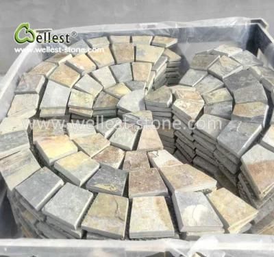 Rusty Slate Fan Shaped Cobble Stone on Mesh for Outdoor Paving