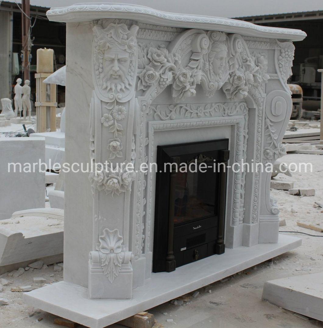 Luxury Elegant White Marble Fireplace Mantel Carved Statues (SYMF-314)