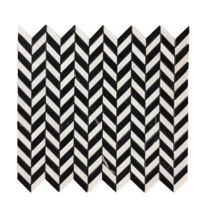 Nero Marquina Black and Thassos White Marble Mini Chevron Tiles