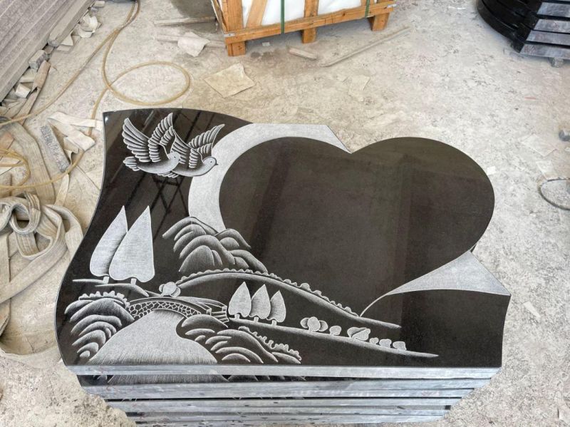 Black Granite Heart Shaped Headstone Carved Bird Flower for Cemetery Memorial