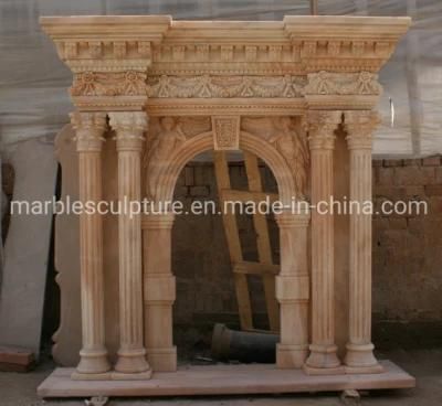 Carved Yellow Marble Stone Fireplace Mantel with Column (SYMF-296)