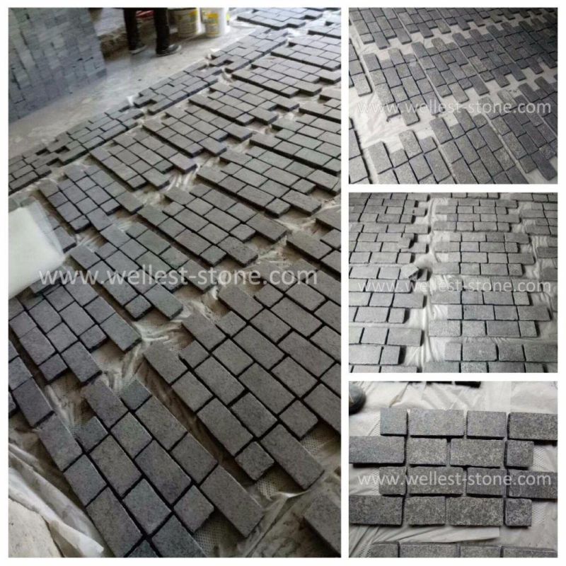 Flamed Black Basalt Driveway Cobblestone on Mesh Paving to Australian