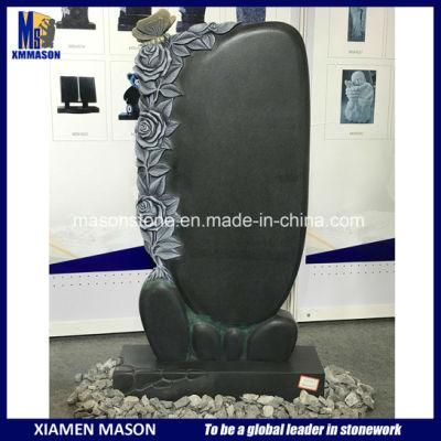 European Style Custom Absolute Black Granite Flower Rose Butterfly Sculpture Gravestone