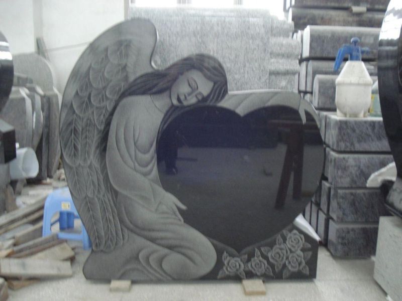 Light Grey Granite Angel Wings Holding Double Heart Headstone for Grave Memorial