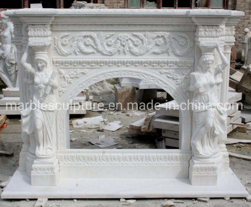 Pure White Marble Fireplace Carved Lady Figure Statue Sculpture (SYMF-260)