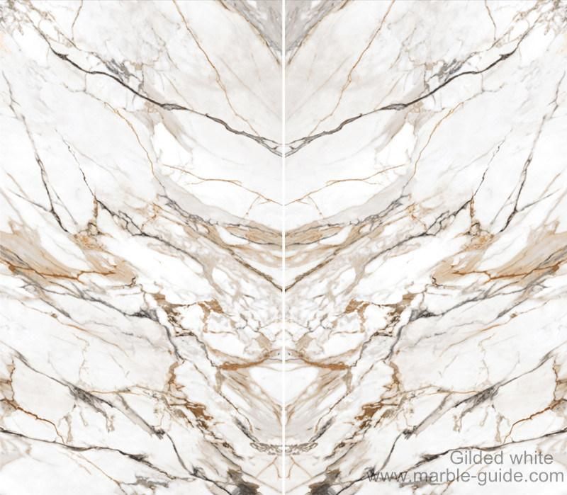 Polished Bookmatch Gilded White Sintered Stone Slab for Background/Wall/Table/Kitchen/Countertop/Island/Backsplash/Caninets