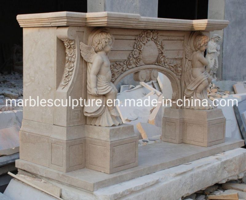 Babay Cherubs Beige Marble Fireplace with Surround Flowers (SYMF-081)