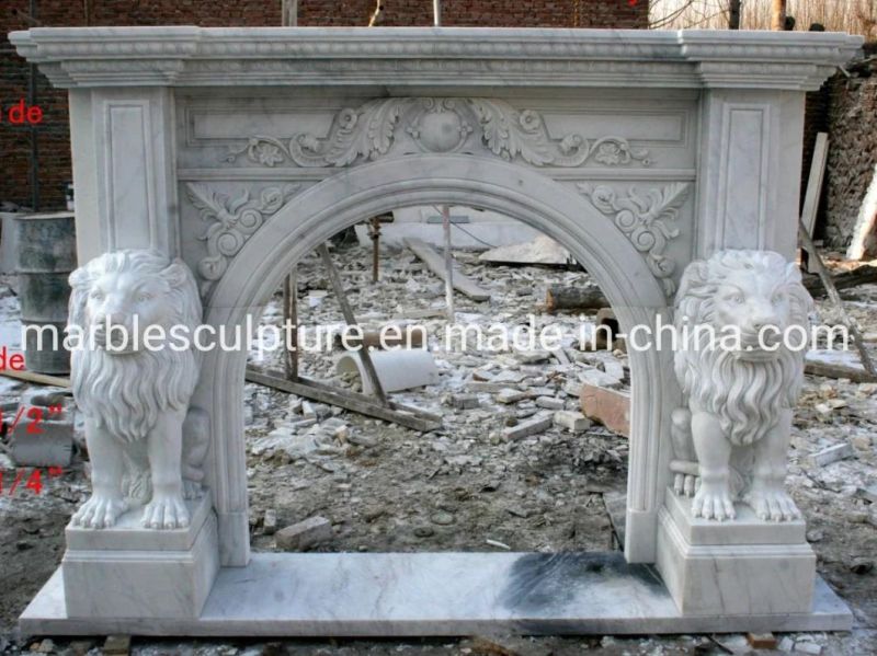Hand Carving White Marble Fireplace with Lion Statues (SYMF-187)