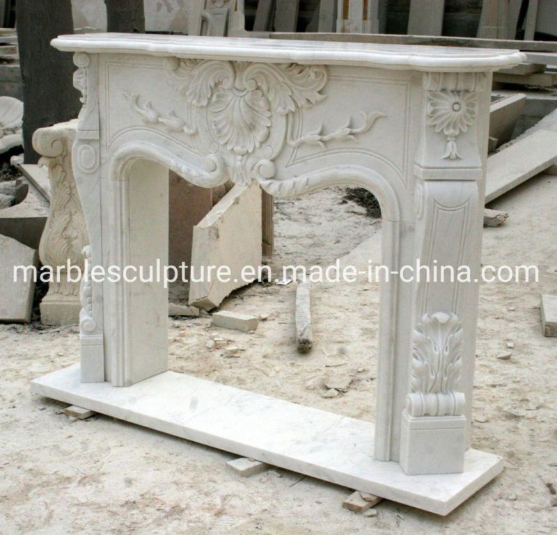 White Stone Mentel Surround Marble Fireplace with Flowers Carving (SYMF-088)
