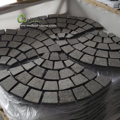 Wholesales Natural Black Granite Fan Shape Mesh Cobblestone Pavers