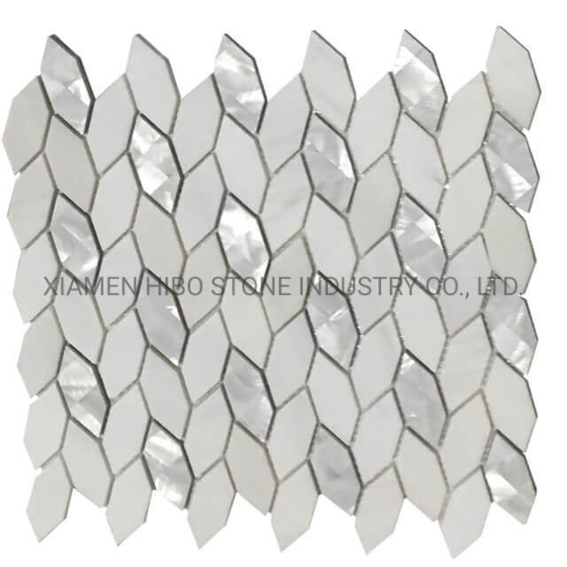 Thassos White and Bianco Carrara Marble Stone Mosaic Mixed Mother of Pearl Classic Style Chevorn Tile