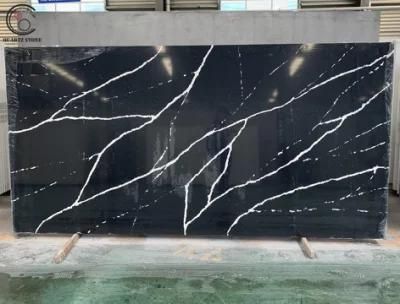 Artificial Black Color Calacatta Quartz Stone Slab with White Veins
