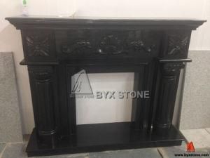 Black Marble Stone Fireplace with Flower Carving for Home Decoration