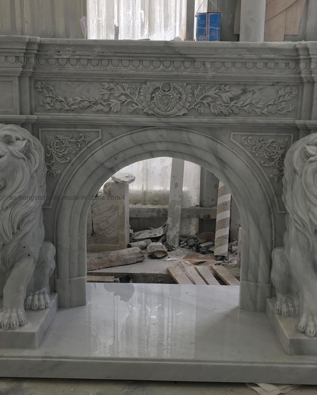 Customzied Styles Marble Lion Statue Fireplace Surround Mantel Sculpture