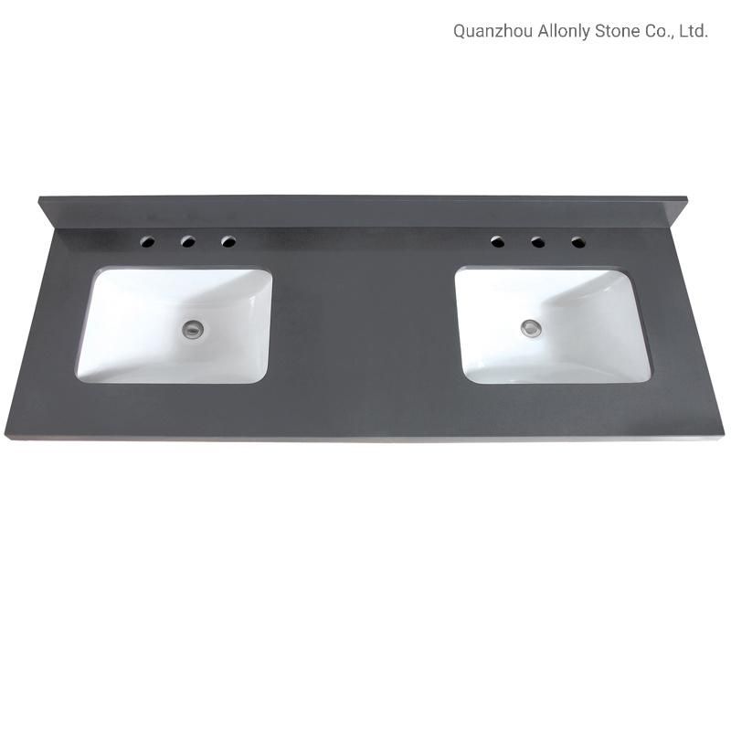 Double Sink Integrated White Bathroom Vanity with Grey Quartz Top
