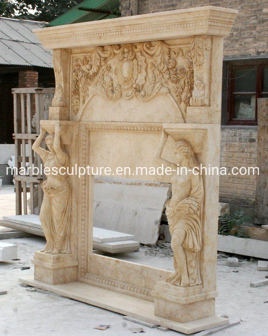 Beautiful Beige Double Marble Fireplace Surround Lady Figures (SYMF-107)
