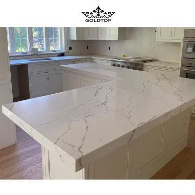 Grateful Laza Polished/Honed/Leather Finish Calacatta White Slabs/Tiles Artificial Quartz for Kitchen Countertop