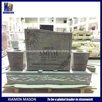 Upright Etching China Grey Granite Heastone with Double Vase for Cemetery