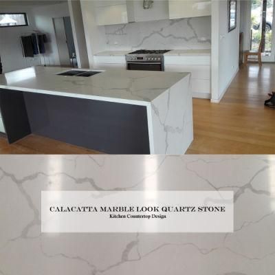 Foshan Kitchen Island Solid Surface Calacatta White Quartz Stone Work Top Slab