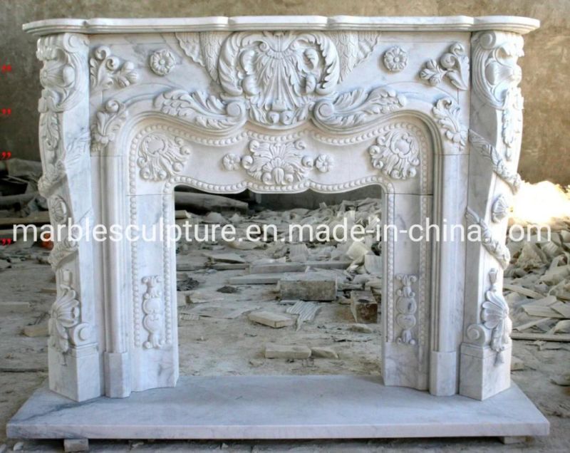 Hand Carved Luxury White Marble Fireplace with Beautiful Flowers (SYMF-080)
