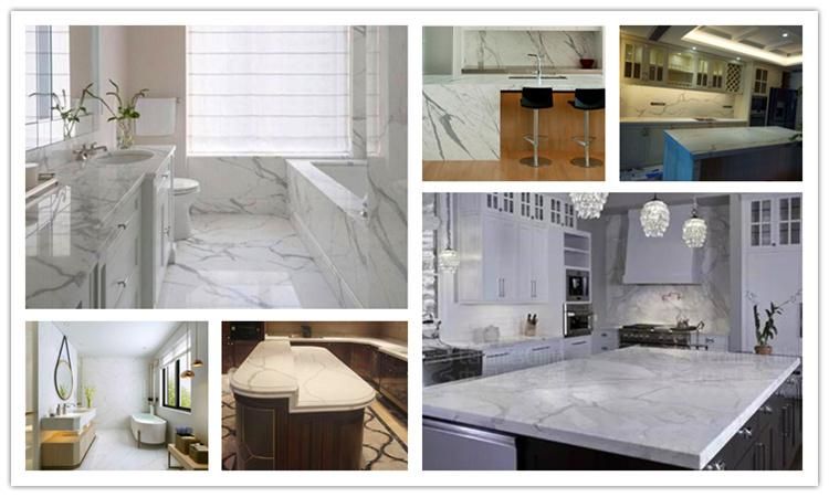 Grey Artificial Calacatta Carrara Marble-Looking Quartz Stone Slab with Very Natural Veins