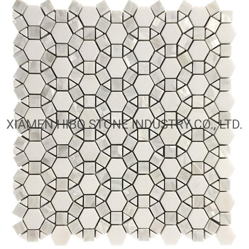 Thassos White and Bianco Carrara Marble Stone Mosaic Mixed Mother of Pearl Classic Style Chevorn Tile