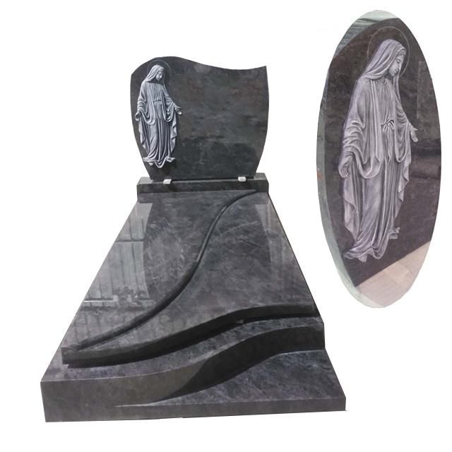 France Tombstone Mass Blue Granite with Virgin Mary Carving