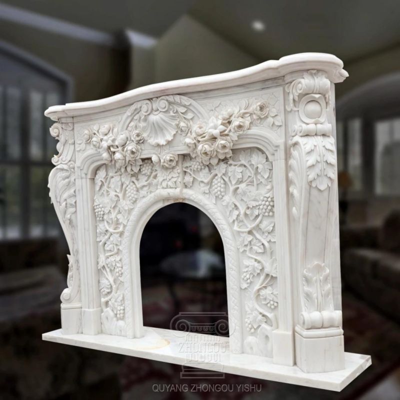 Louis Xv Style White Marble Fireplace Mantel with Flower Grape Carvings